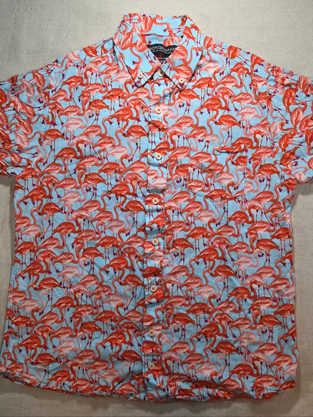 Nick Graham Men’s Light Blue Shirt with Red Flamingo Print